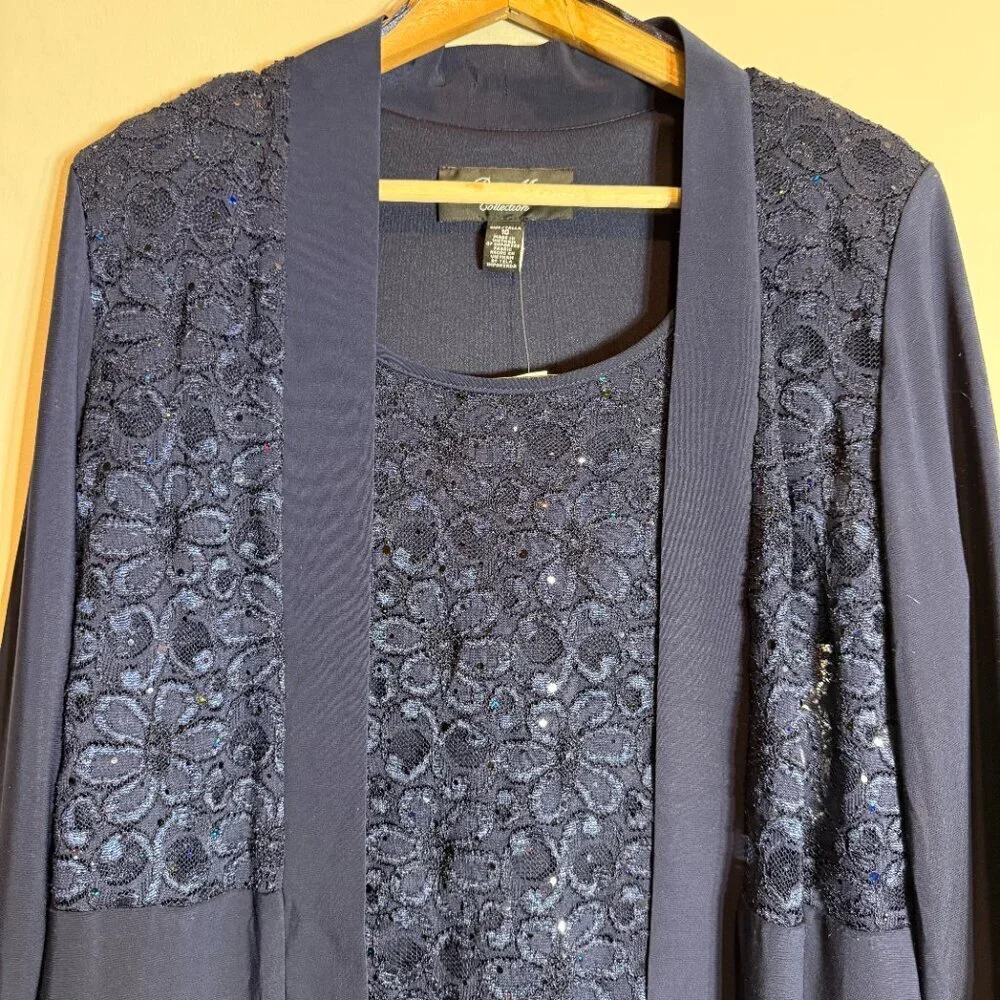 R&M Richards Lace & Sequin Jacket Tank Set Women's 10 Blue Formal Dressy Sparkly